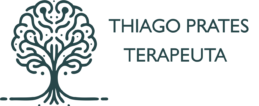 Um logotipo de cor verde escura que representa uma árvore que possui em sua copa uma mistura de folhas com conexões neurais. Ao seu lado direito está a inscrição: Thiago Prates Terapeuta