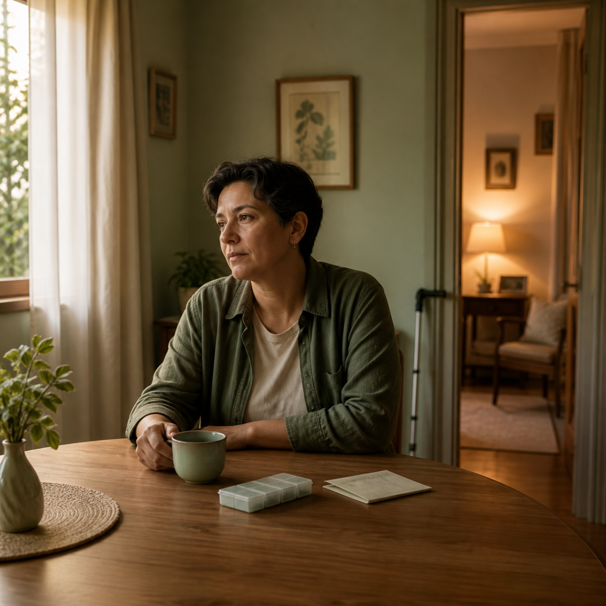 Cuidadora faz uma pausa à mesa enquanto permanece atenta às responsabilidades do cuidado