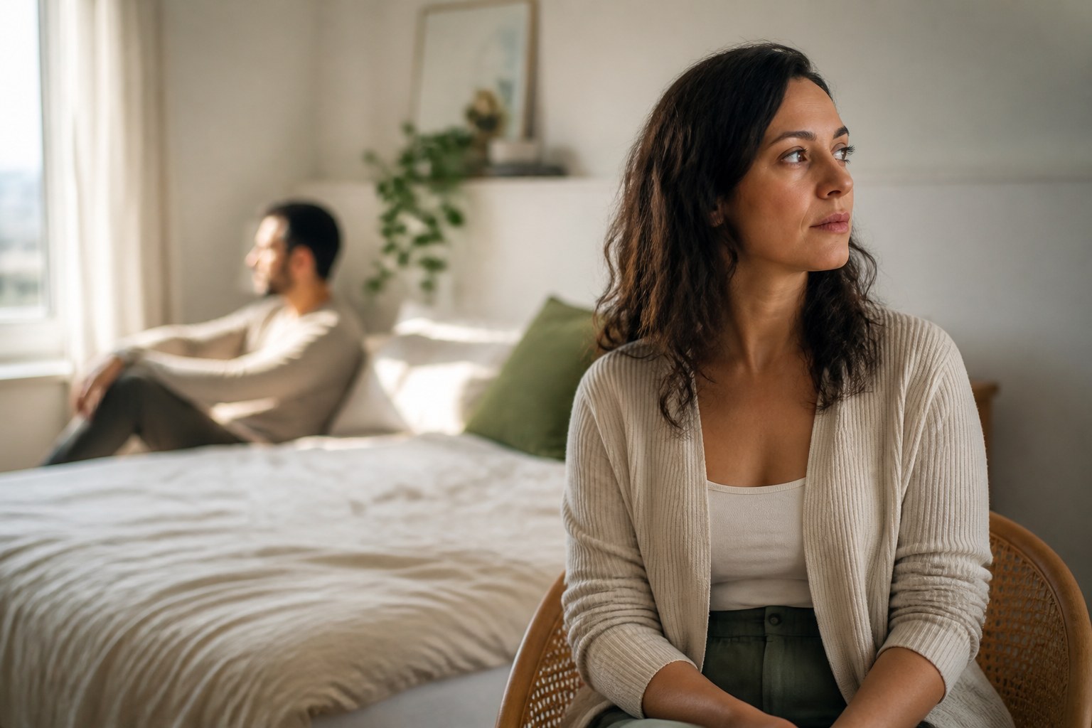 Casal emocionalmente distante em ambiente doméstico, representando dependência emocional e recuperação da autonomia