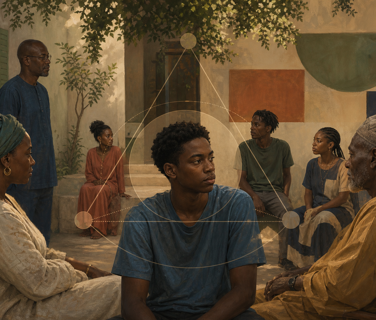 Jovem senegalês entre diferentes gerações e uma rede familiar ampliada, representando o debate entre psicanálise, cultura e o chamado Édipo africano.