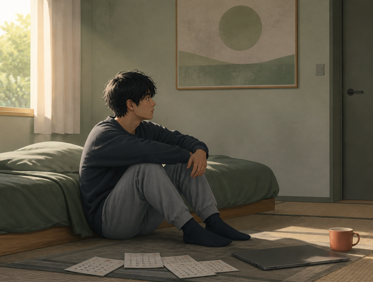 Jovem sentado no chão de um quarto silencioso, entre a luz da janela e uma porta fechada, representando o isolamento social prolongado do hikikomori.