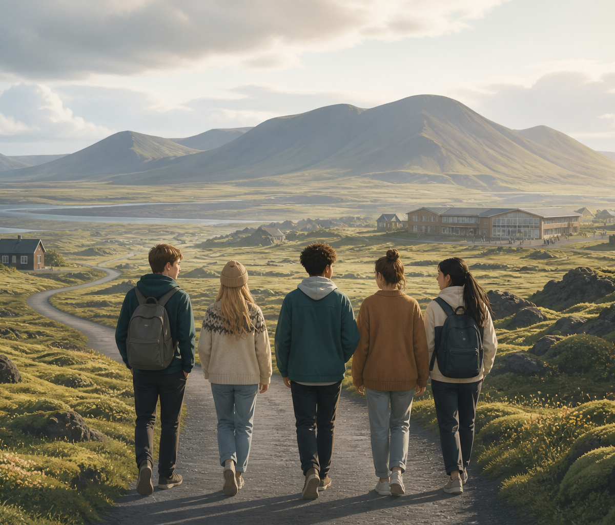 Adolescentes caminhando juntos em paisagem islandesa em direção à escola e à comunidade