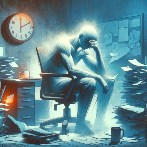 Ilustração conceitual da síndrome de burnout — exaustão emocional, cinismo profissional e queda de eficácia como consequências do estresse ocupacional crônico