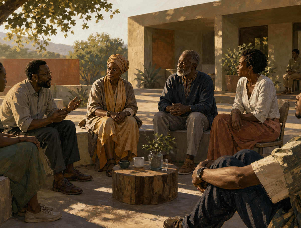 Pessoas de diferentes gerações reunidas em círculo, representando a filosofia Ubuntu e a construção da identidade por meio da comunidade.