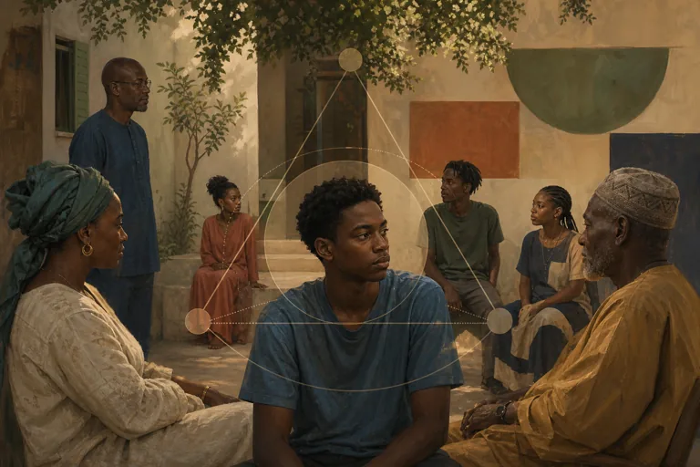 Jovem senegalês entre diferentes gerações e uma rede familiar ampliada, representando o debate entre psicanálise, cultura e o chamado Édipo africano.