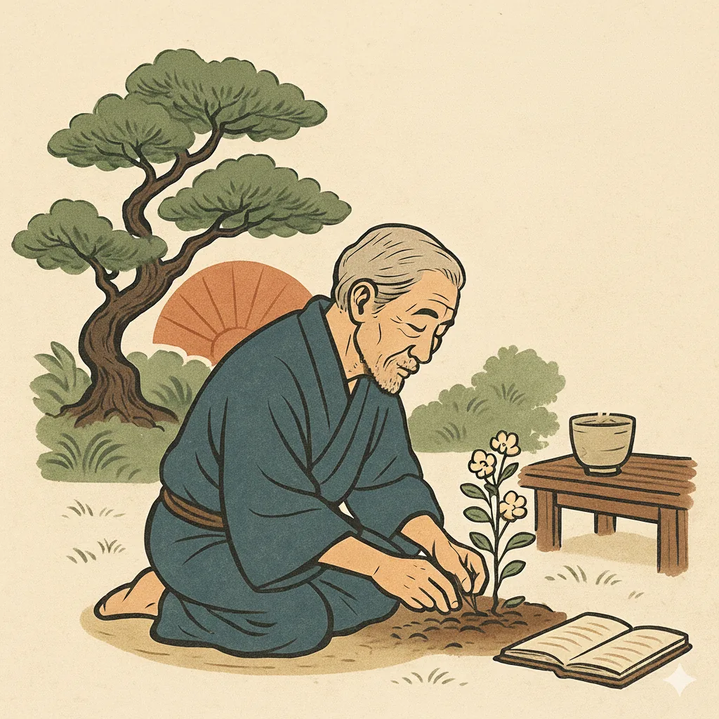 Homem japonês cuidando de uma planta em ilustração sobre ikigai e propósito de vida