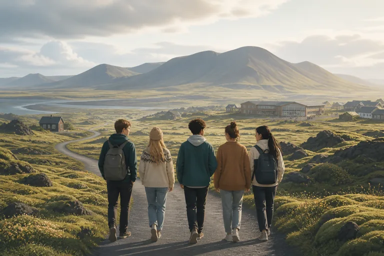 Adolescentes caminhando juntos em paisagem islandesa em direção à escola e à comunidade