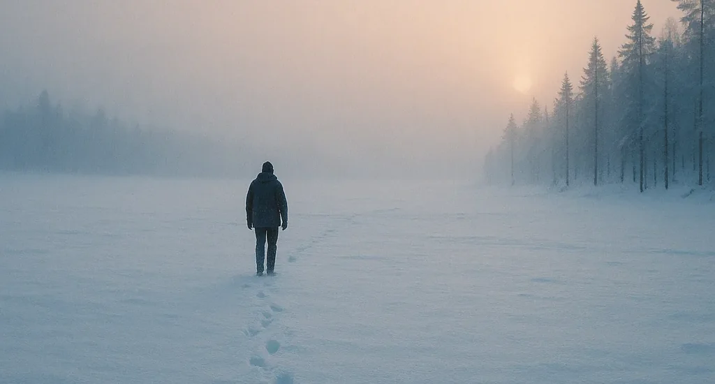 Pessoa caminhando na neve em ilustração sobre sisu, força interior e equilíbrio emocional