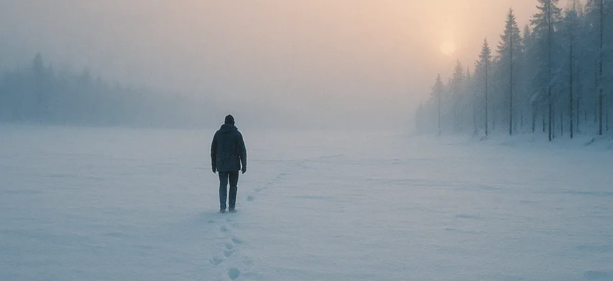 Pessoa caminhando na neve em ilustração sobre sisu, força interior e equilíbrio emocional