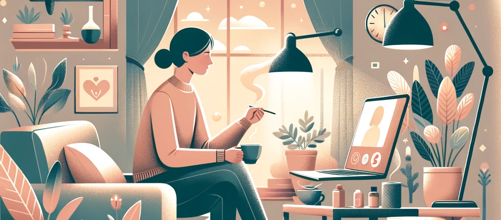 Uma ilustração de uma pessoa tomando uma xícara de café dentro de um aconchegante ambiente participando de uma sessão de terapia online por videochamada